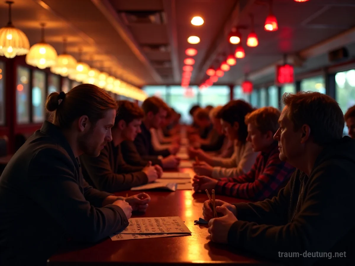 Eine volle Bingohalle mit vielen Menschen an Tischen, die ihre Karten studieren.
