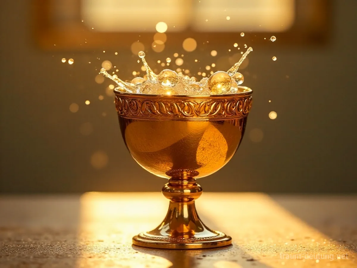 Ein goldener Becher, überfüllt mit glitzerndem Wasser.