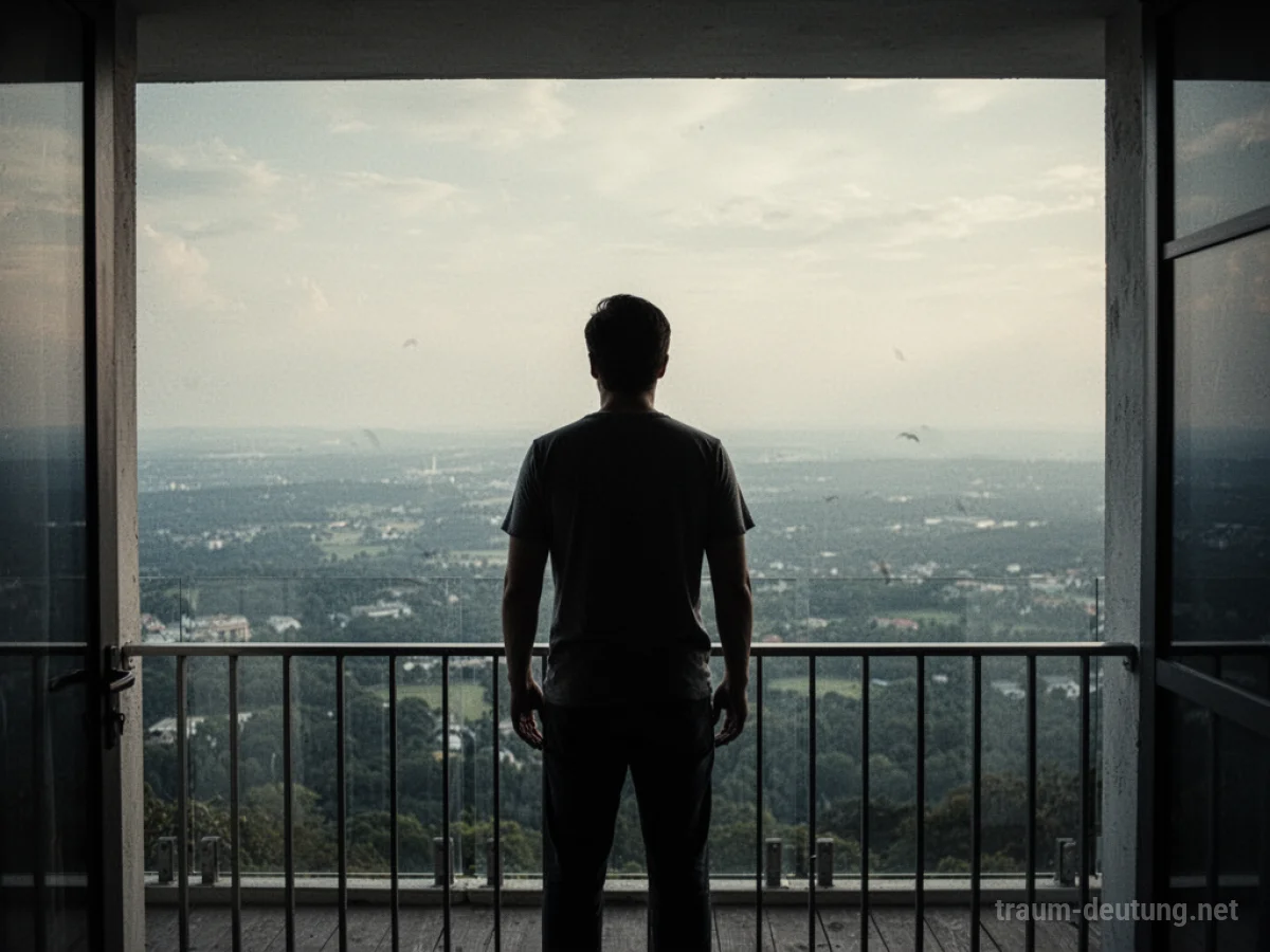 Silhouette einer Person auf einem Balkon, die in die Weite blickt.