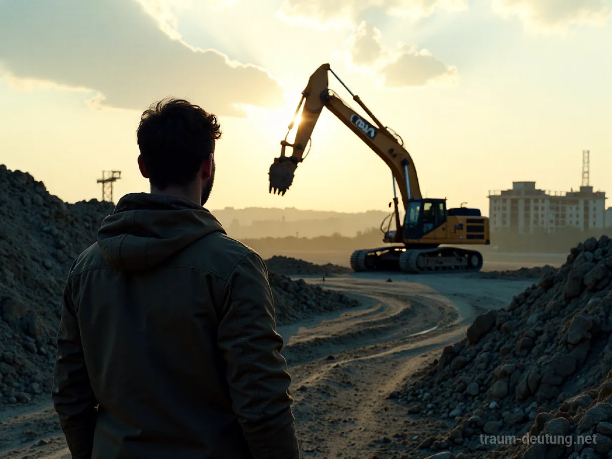 Schattenhafte Person blickt von unten zu einem großen Bagger auf einer Baustelle