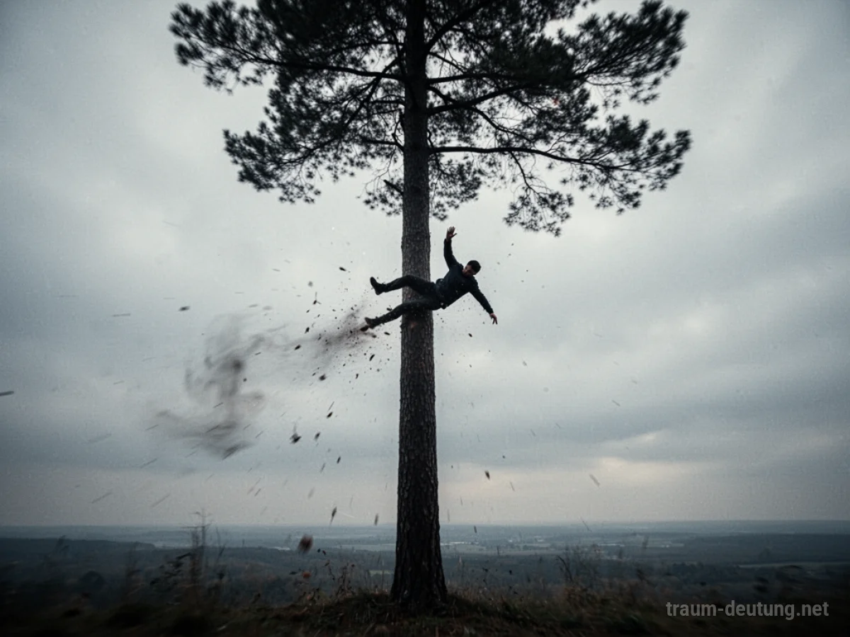 Silhouette einer Person, die von einem hohen Baum fällt