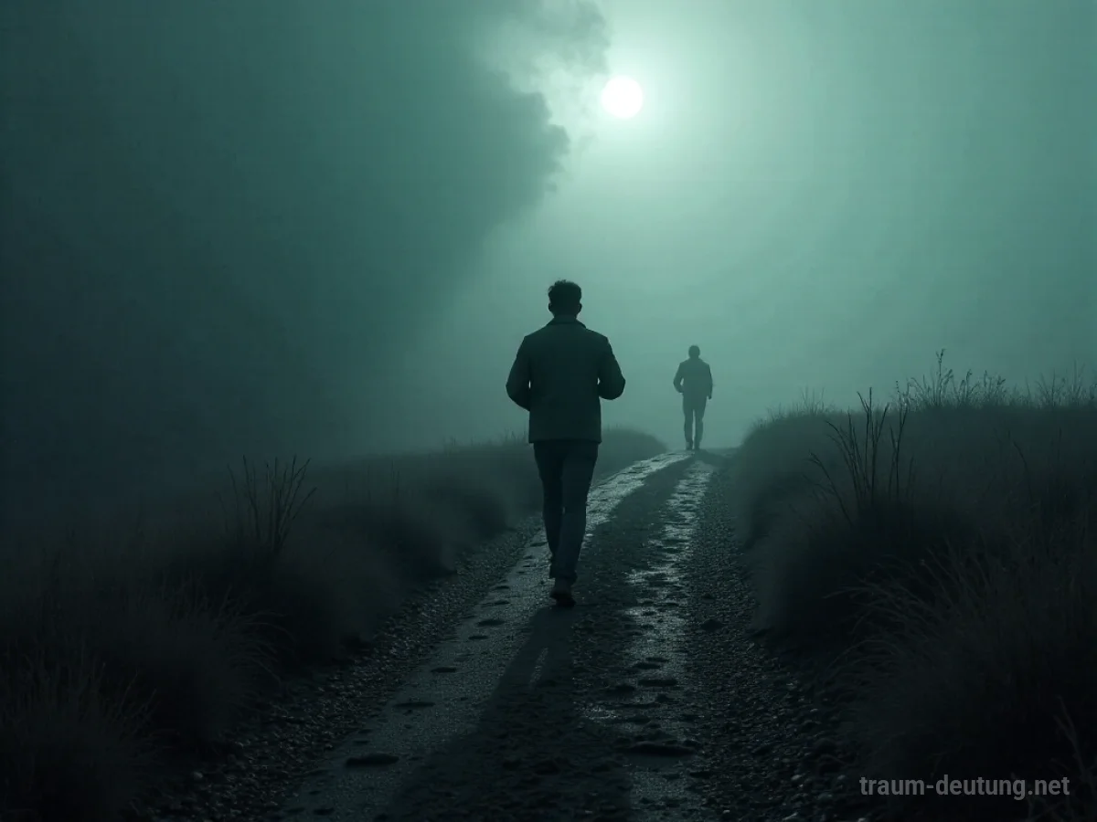 Eine Person rennt durch eine dunkle Landschaft, während Schattenfiguren im Hintergrund lauern.