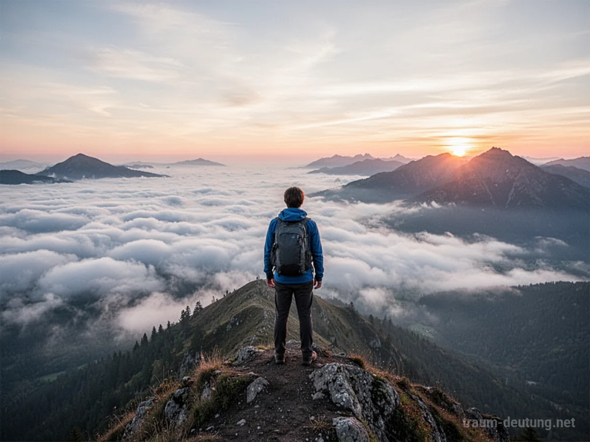 Person steht auf einem Berggipfel und blickt in die Ferne über Wolken und Berge.