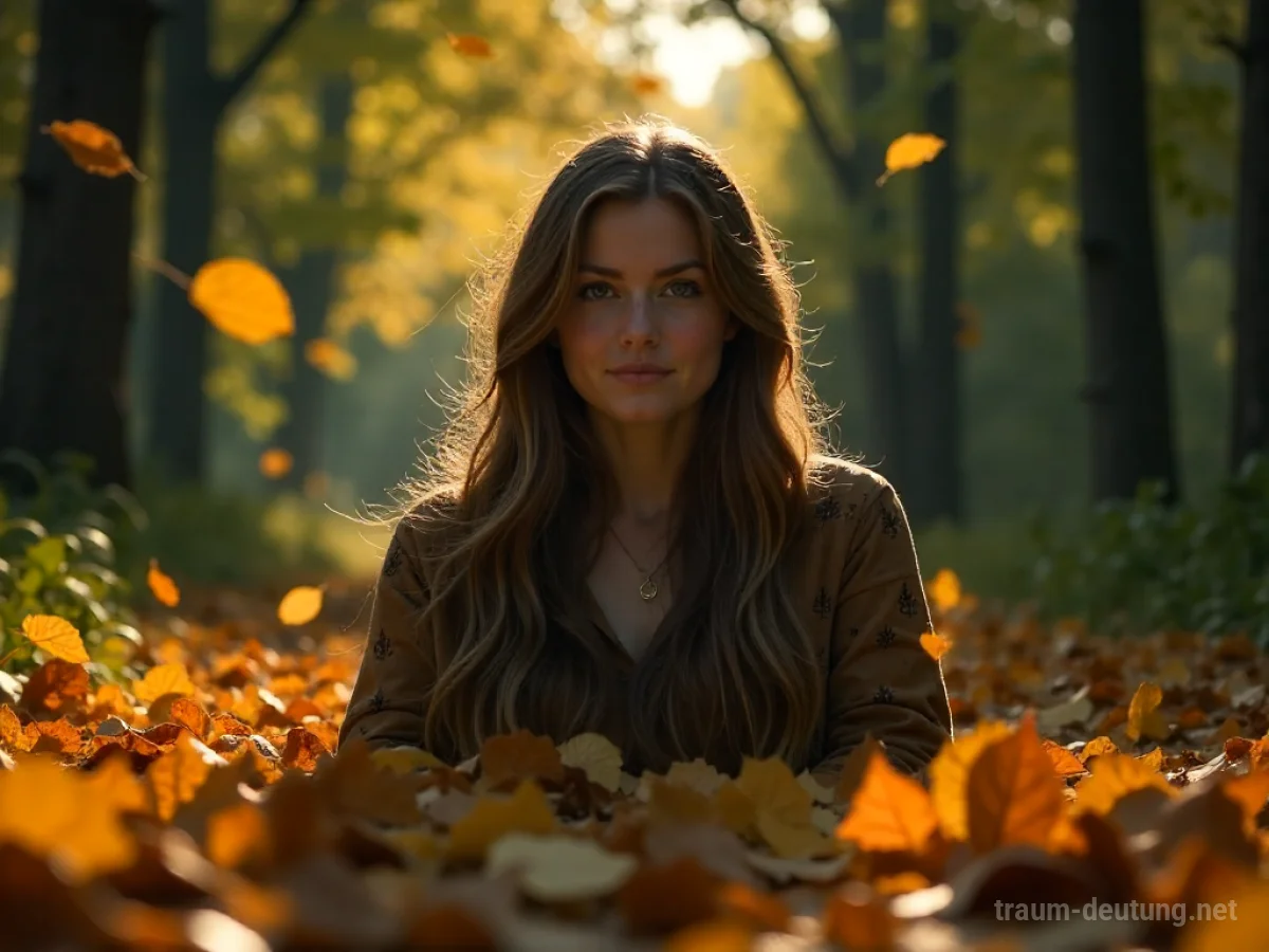Eine Person liegt im Wald, teilweise von bunten Herbstblättern bedeckt.