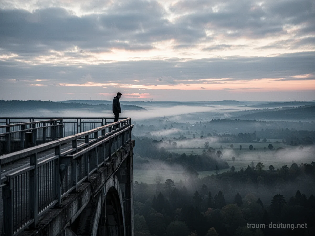 Silhouette einer Person, die von einer hohen Brücke in eine neblige Landschaft blickt.