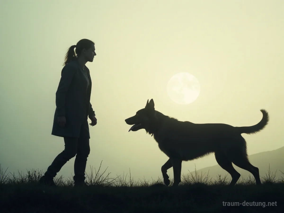 Silhouette einer Person, die sich vor einem angreifenden Hund schützt.