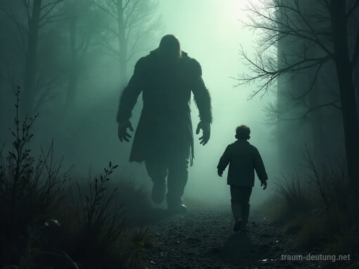 Silhouettenfigur eines Monsters verfolgt eine Person in einem dunklen, abstrakten Raum.