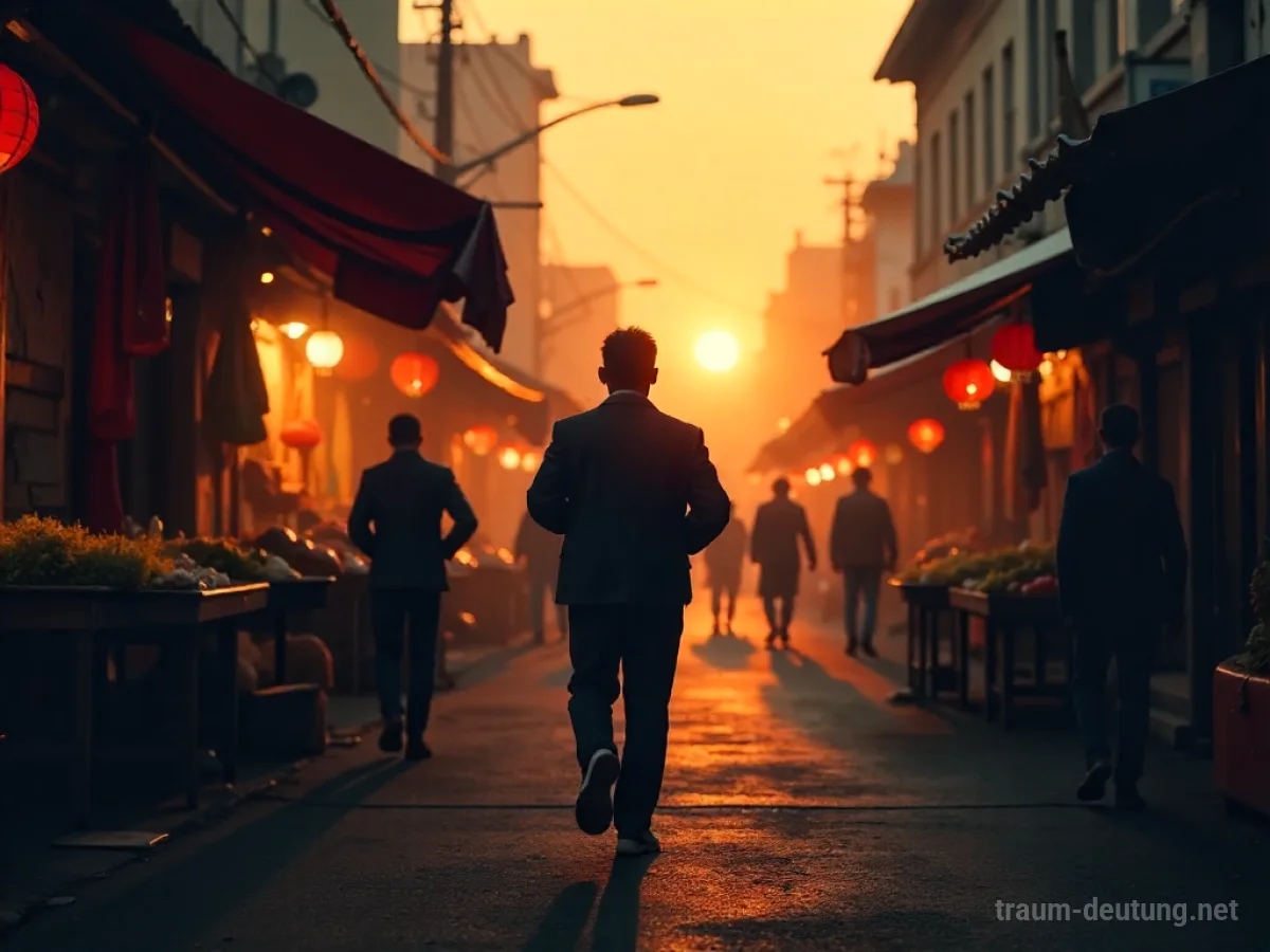 Eine Silhouette rennt von einem belebten, verschwommenen Marktplatz weg.