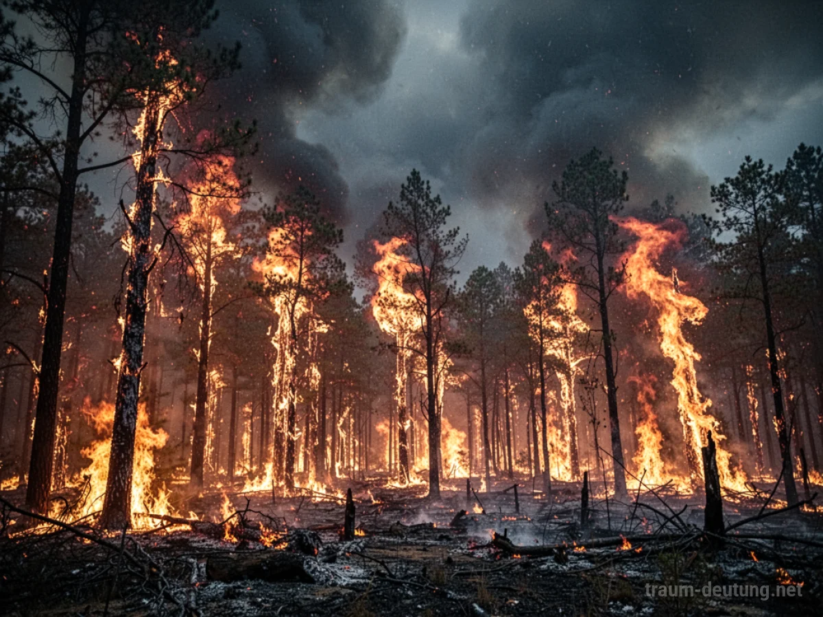 Ein dichter Wald steht in Flammen, Rauch steigt auf.