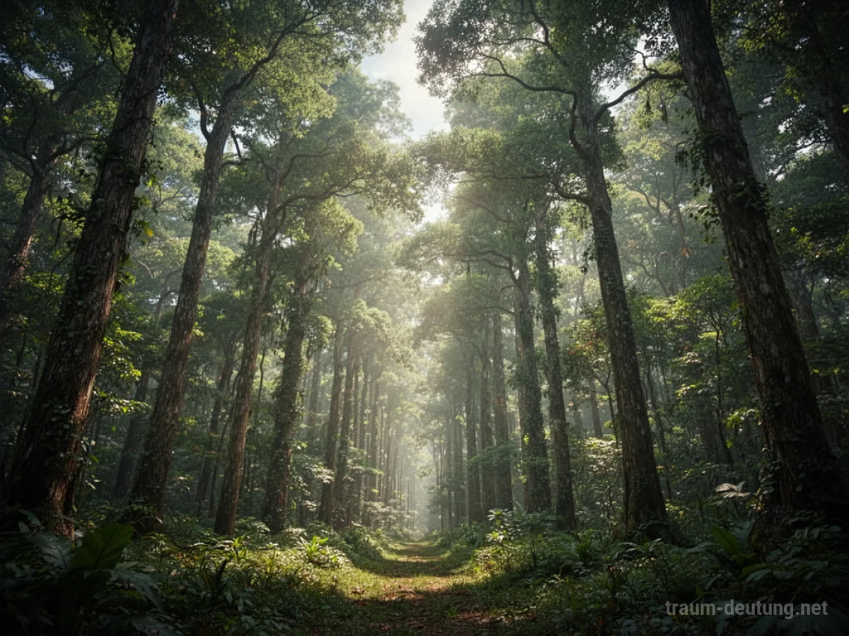 Dichter Wald mit vielen hohen Bäumen und Sonnenlicht, das durch die Blätter fällt.