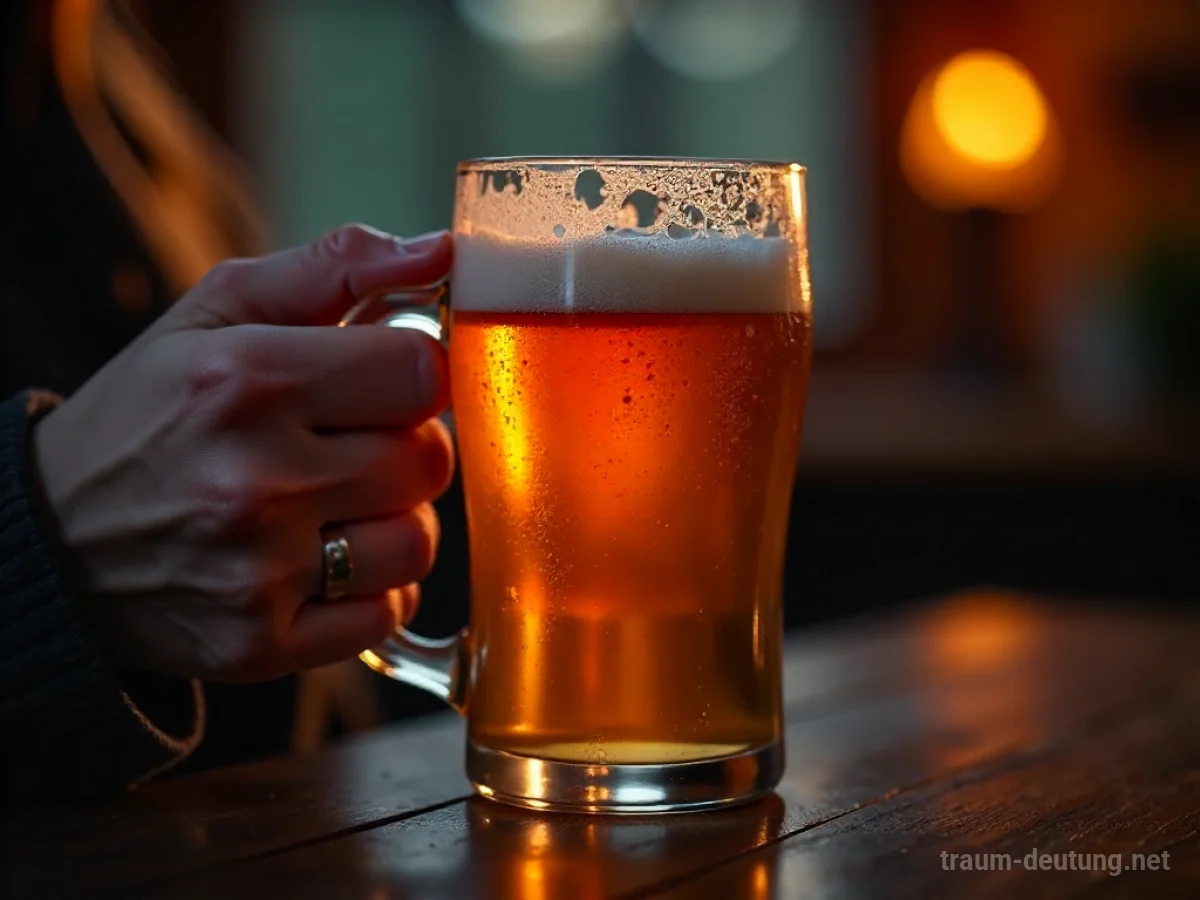 Ein Glas mit warmem Bier in der Hand, gemütliche Atmosphäre.
