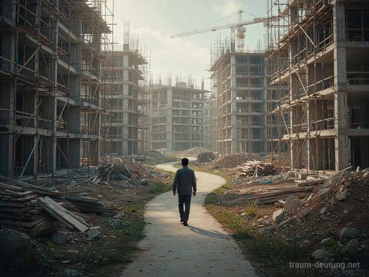 Ein schmaler Weg führt durch eine weitläufige Baustelle mit unfertigen Gebäuden.