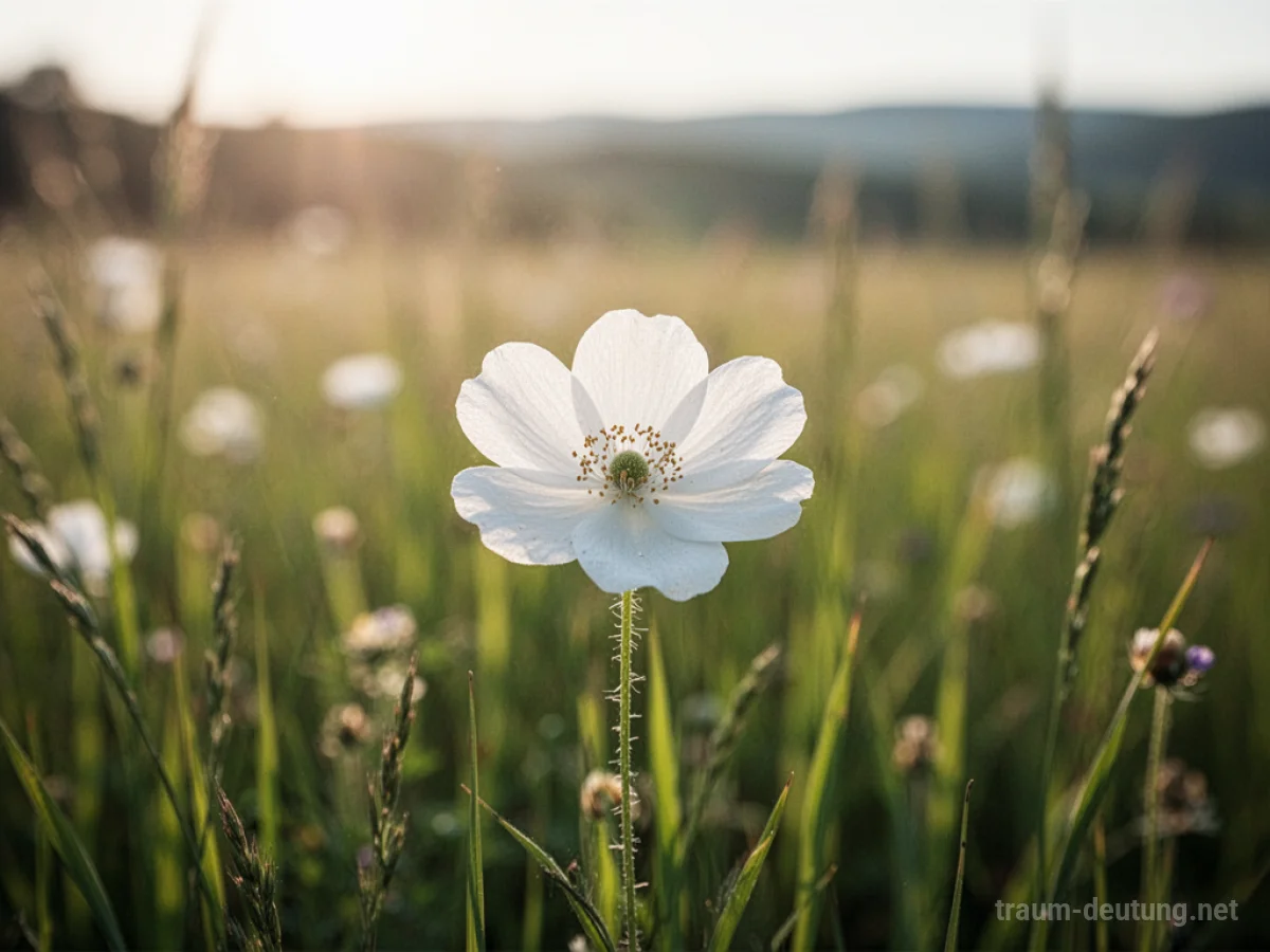 Eine einzelne weiße Blume blüht auf einer sonnigen Wiese.