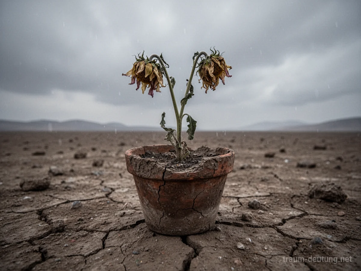 Welkende Blume in einem ausgetrockneten Topf auf kargem Boden
