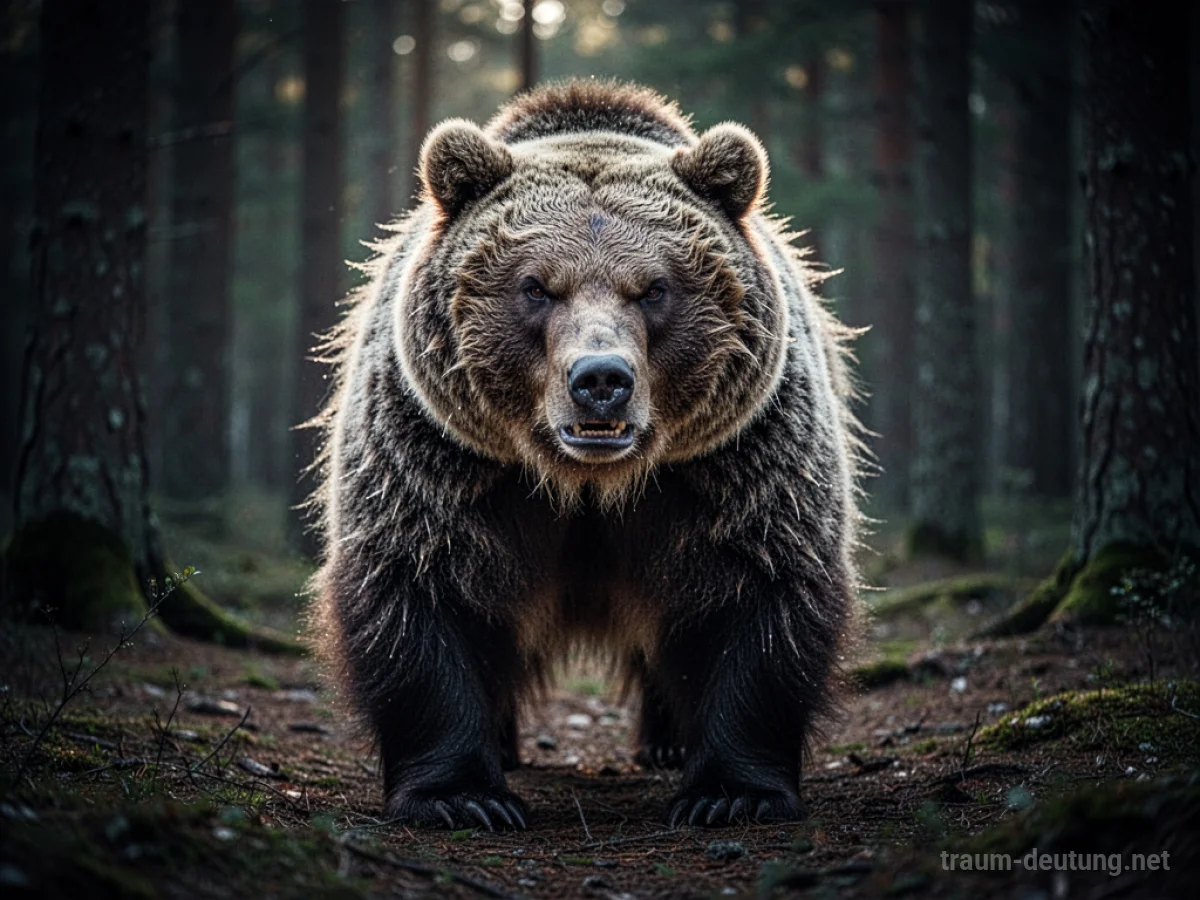Ein wütender Bär steht in einem dunklen Wald.