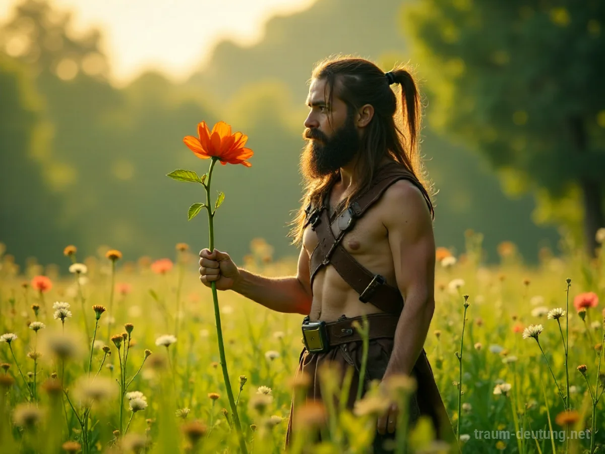 Zahmer Barbar steht in einer friedlichen Wiese und hält eine Blume.