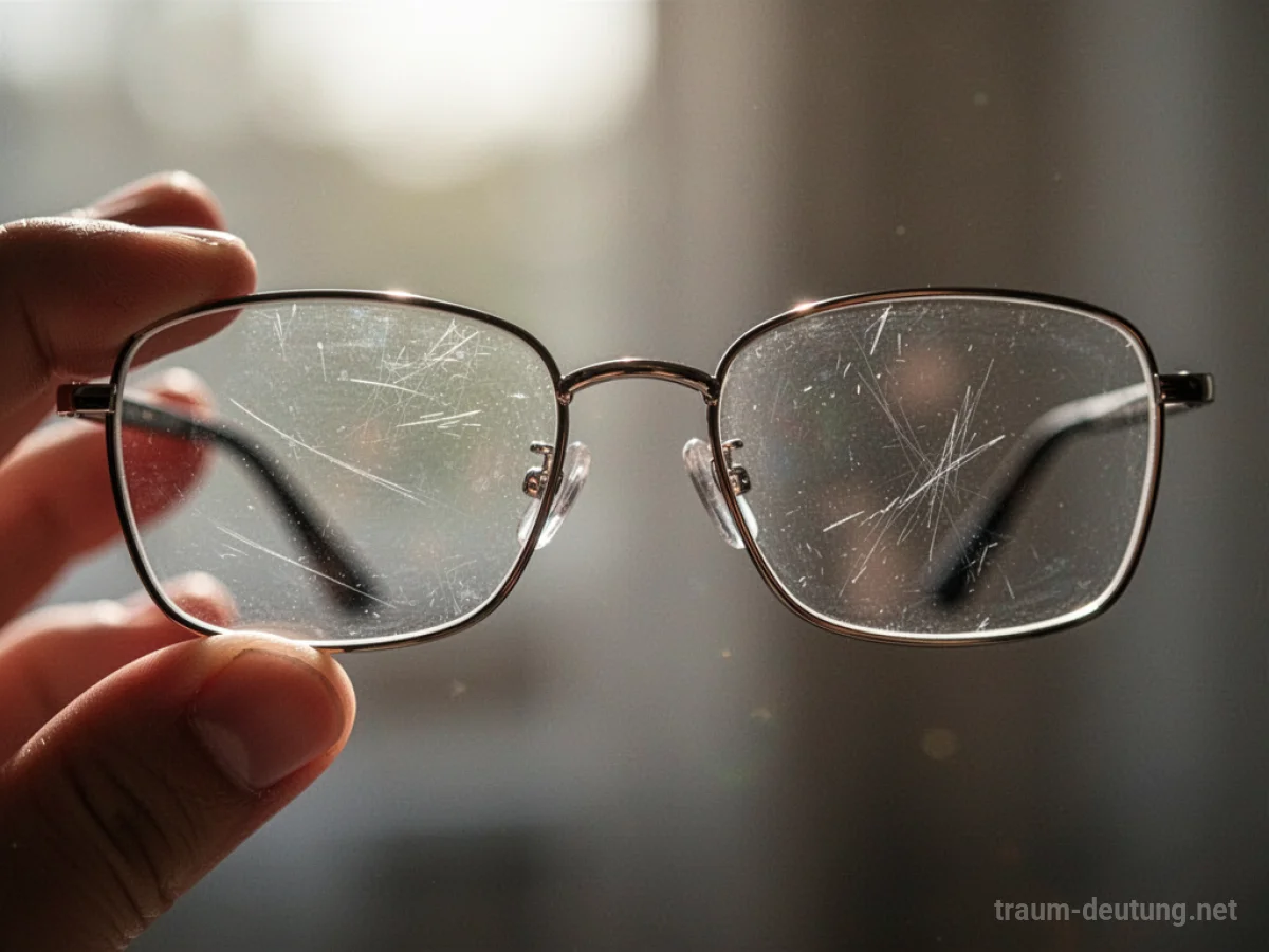 Nahaufnahme einer zerkratzten Brille, die gegen einen unscharfen Hintergrund gehalten wird.
