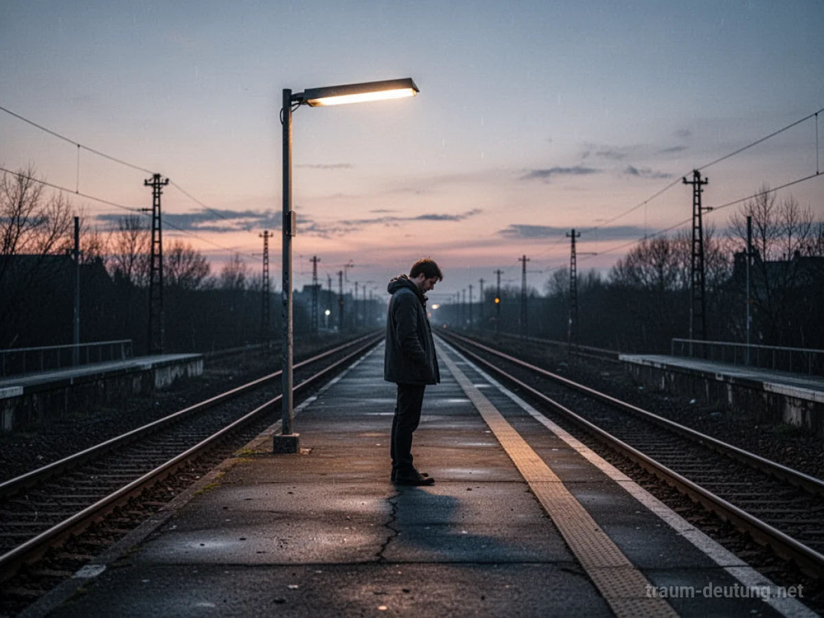 Eine Person wartet allein auf einem Bahnhof auf einen verspäteten Zug.