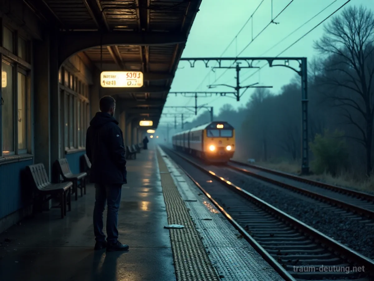 Eine einsame Figur steht auf einem Bahnsteig und sieht zu, wie ein Zug abfährt.