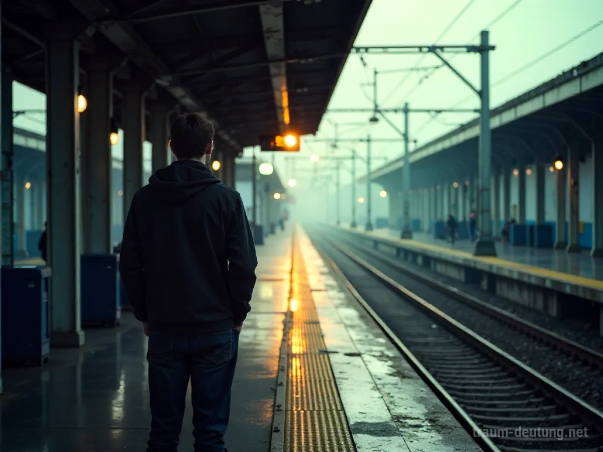 Person steht auf einem Bahnsteig und sieht einem abfahrenden Zug nach.