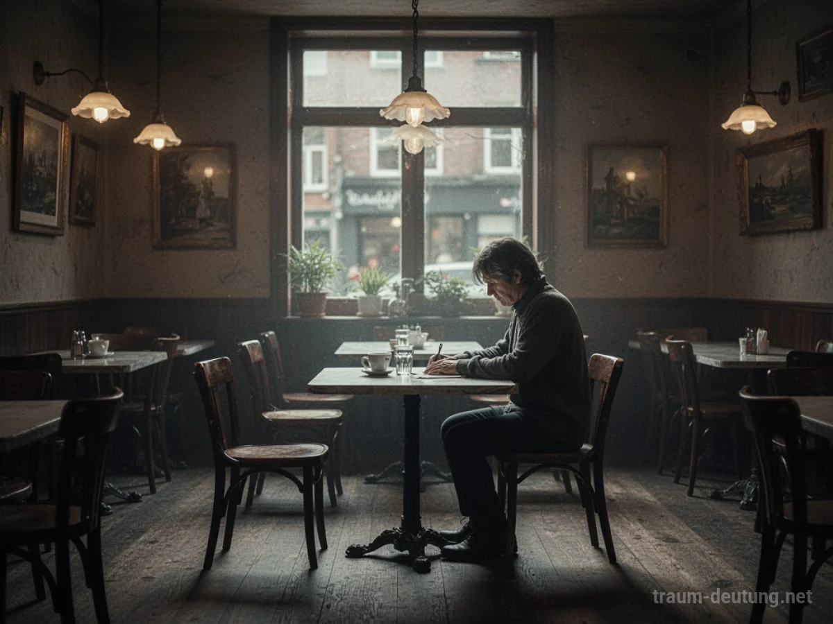 Eine einzelne Person sitzt allein an einem Tisch in einem leeren Café.