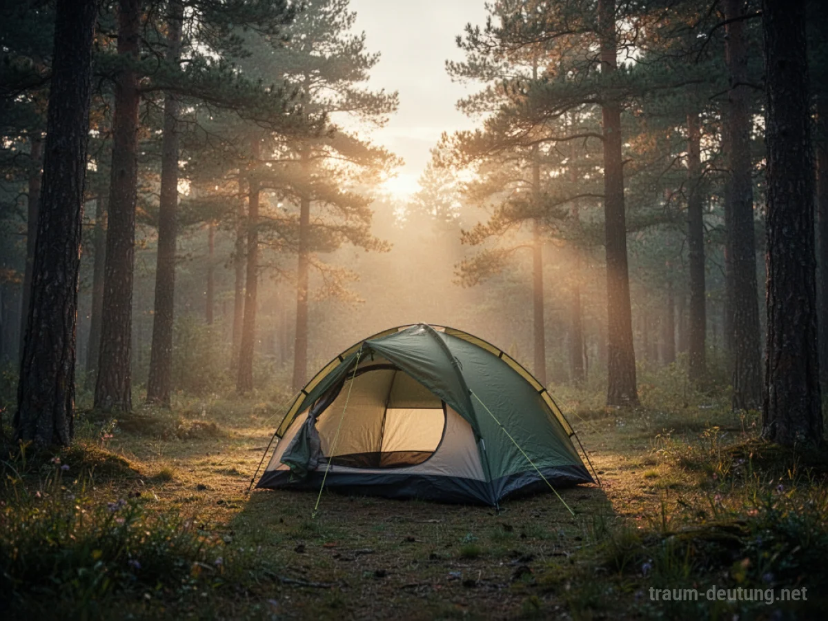 Ein einzelnes Zelt in einer Waldlichtung bei Sonnenaufgang