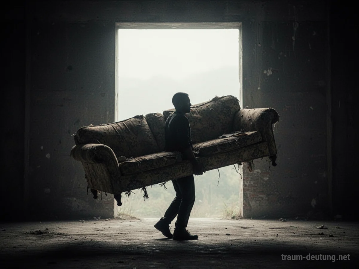 Alte Couch wird von einer Person weggeschleppt in Richtung eines hellen Lichts.