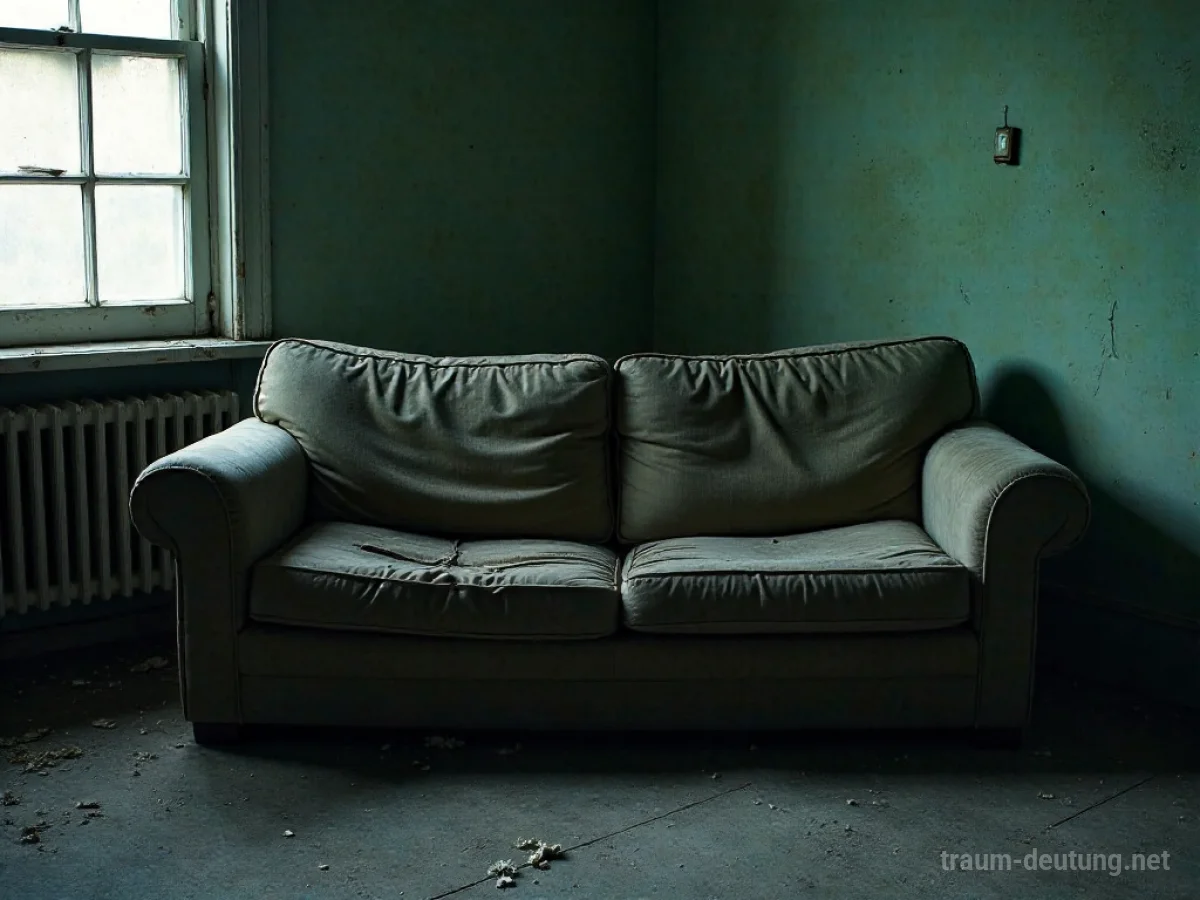 Eine alte, kaputte Couch in einem staubigen Raum
