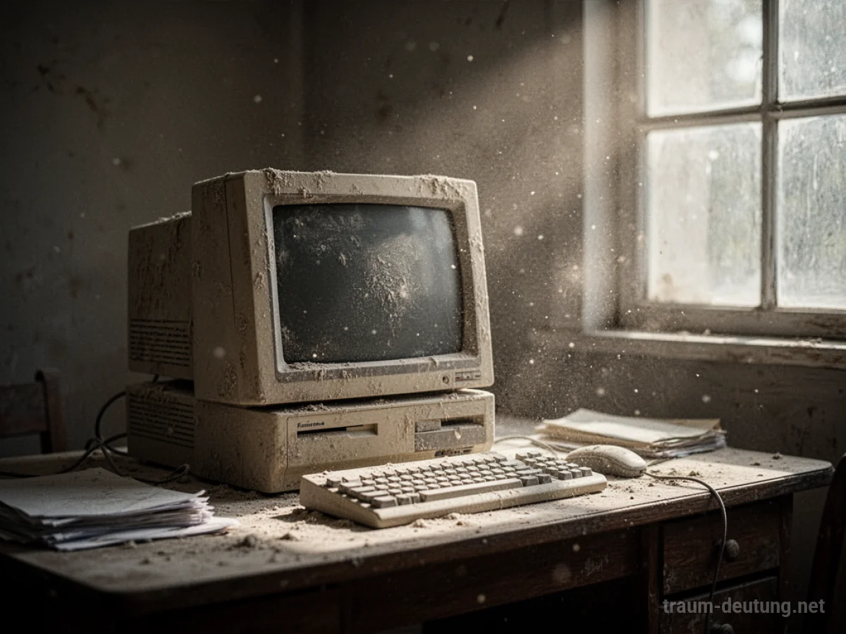 Ein alter, verstaubter Computer steht auf einem Schreibtisch in einem schwach beleuchteten Raum.