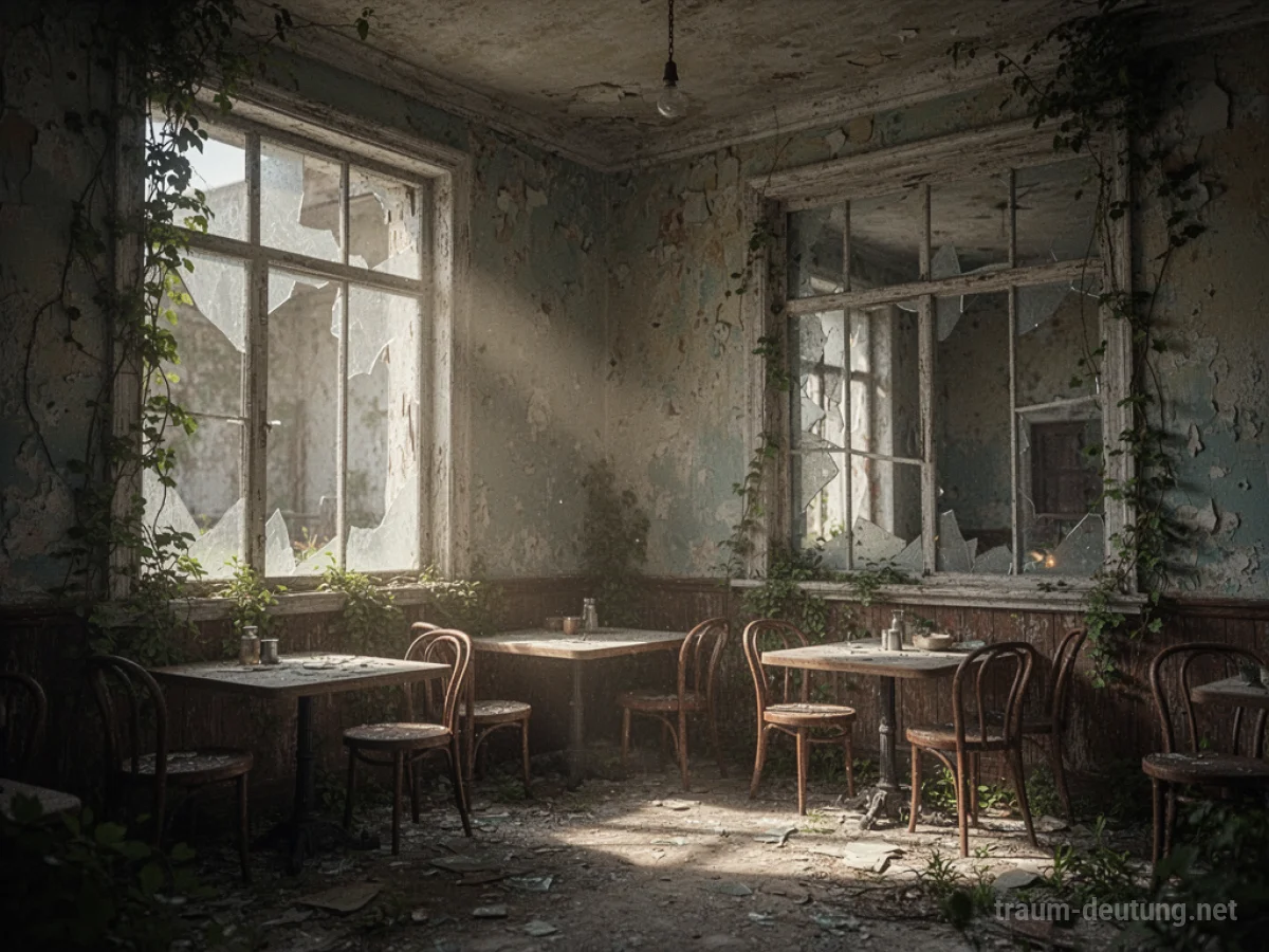 Ein altes, verfallenes Café mit zerbrochenen Fenstern und Efeu.