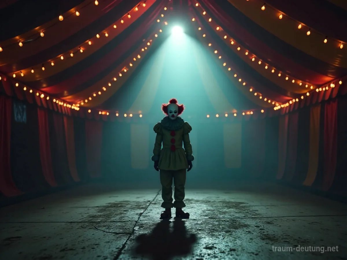 Ein einzelner, unheimlicher Clown steht im Schatten eines leeren Zirkuszelts.