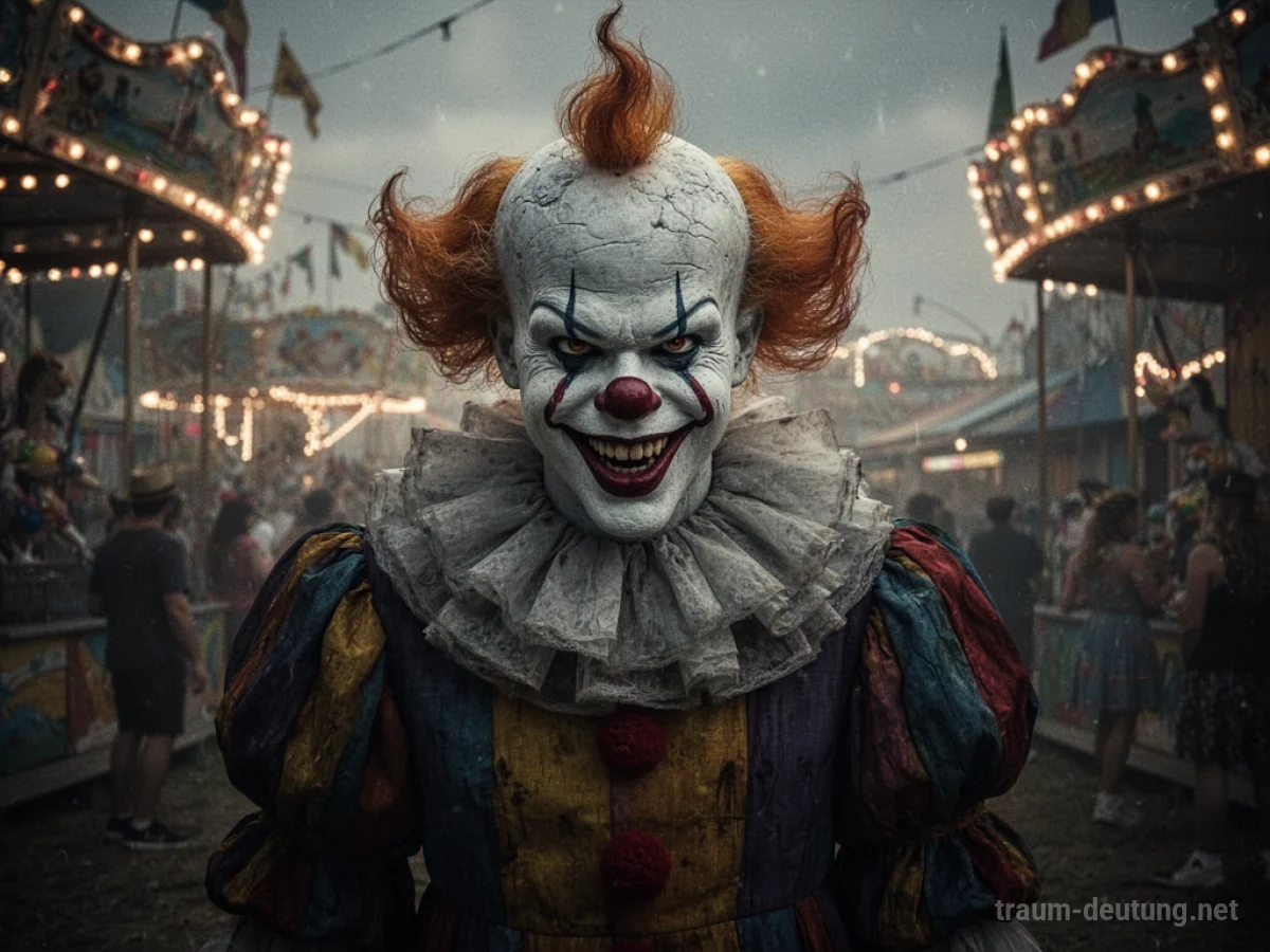 Ein unheimlicher Clown mit bedrohlichem Lächeln steht in einer dunklen, verzerrten Karnevalsumgebung.