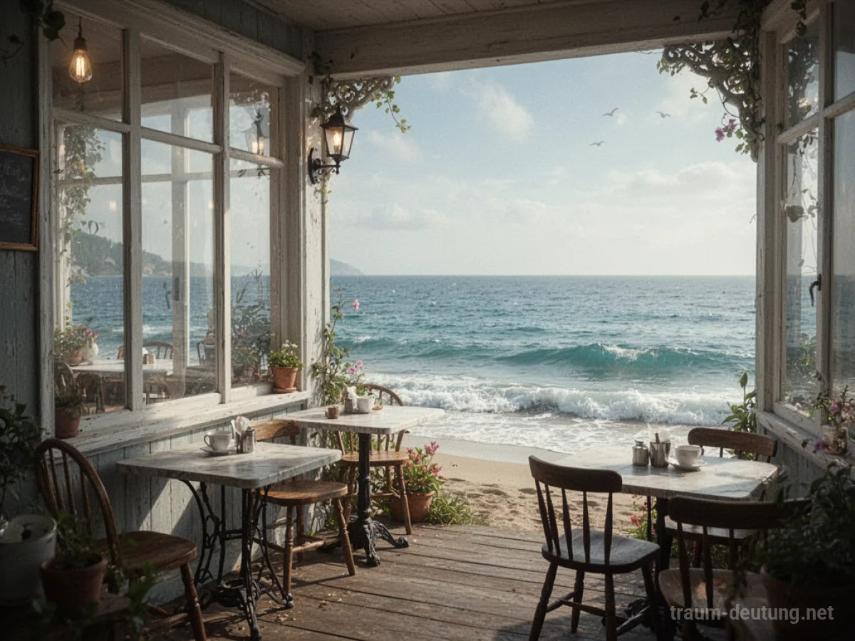 Ein gemütliches Café mit Meerblick und Tischen draußen.