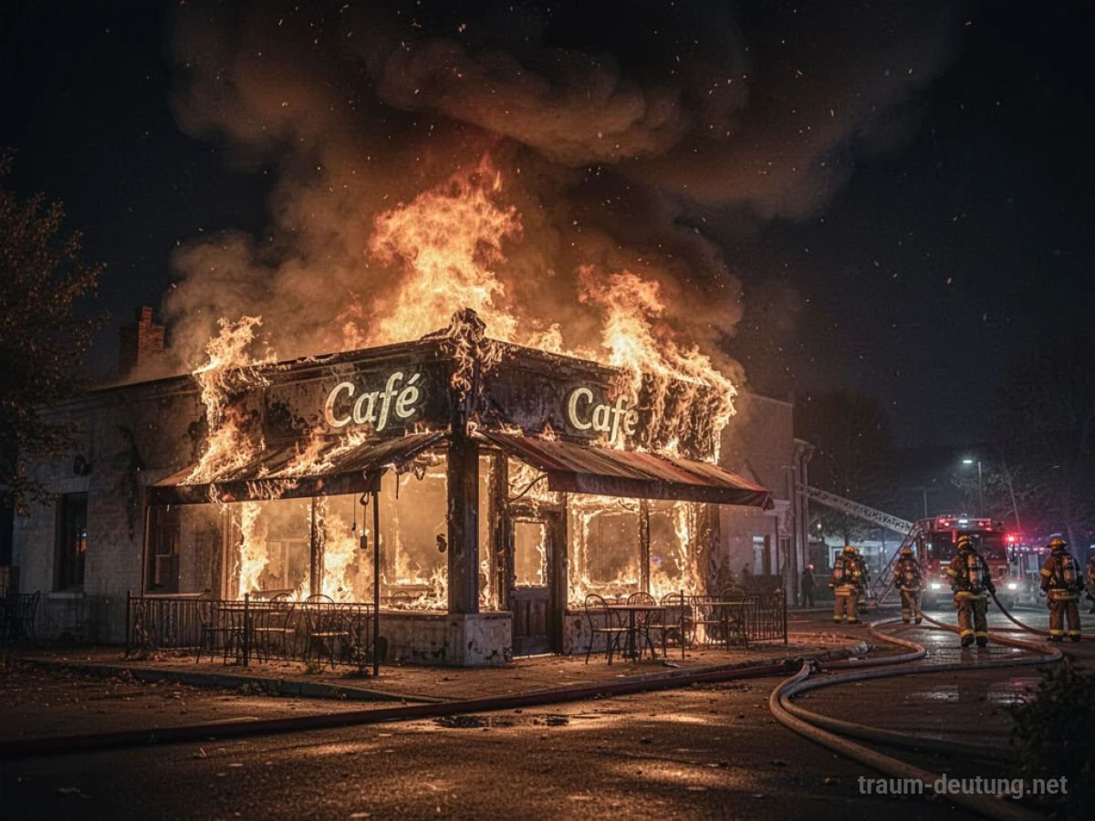 Ein Cafégebäude steht in Flammen, Rauch steigt in den Nachthimmel.