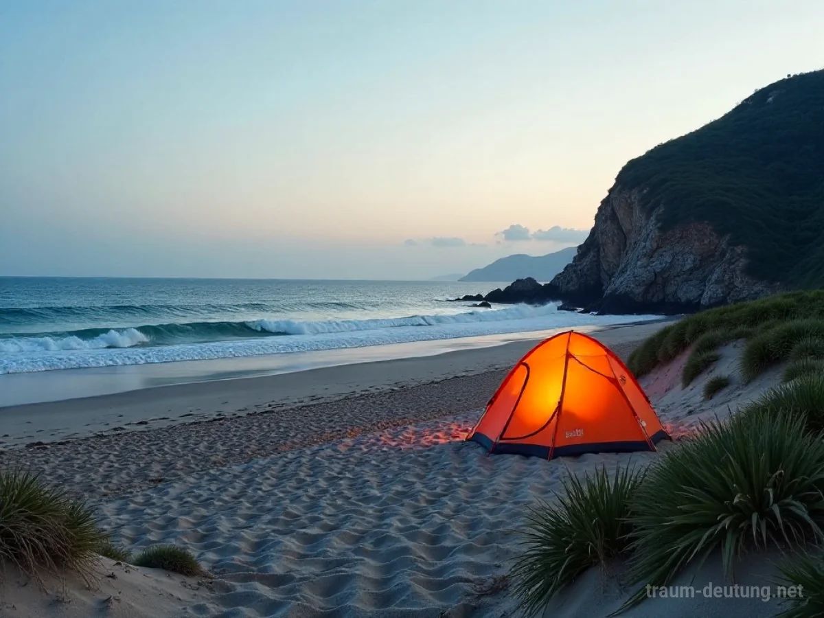 Campingplatz am Meer mit Zelten und ruhigem Ozean.