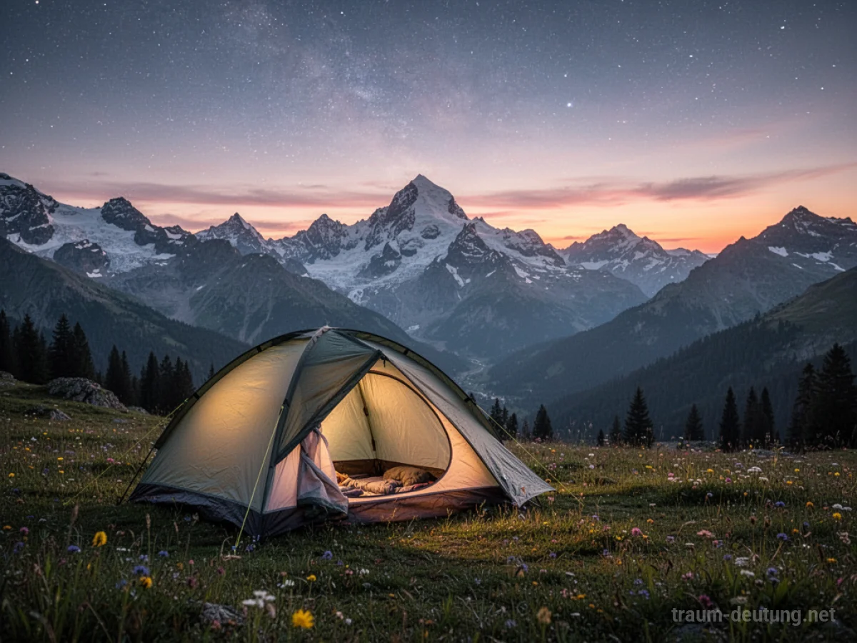 Zelt auf einer Bergwiese mit Blick auf verschneite Gipfel im Morgengrauen