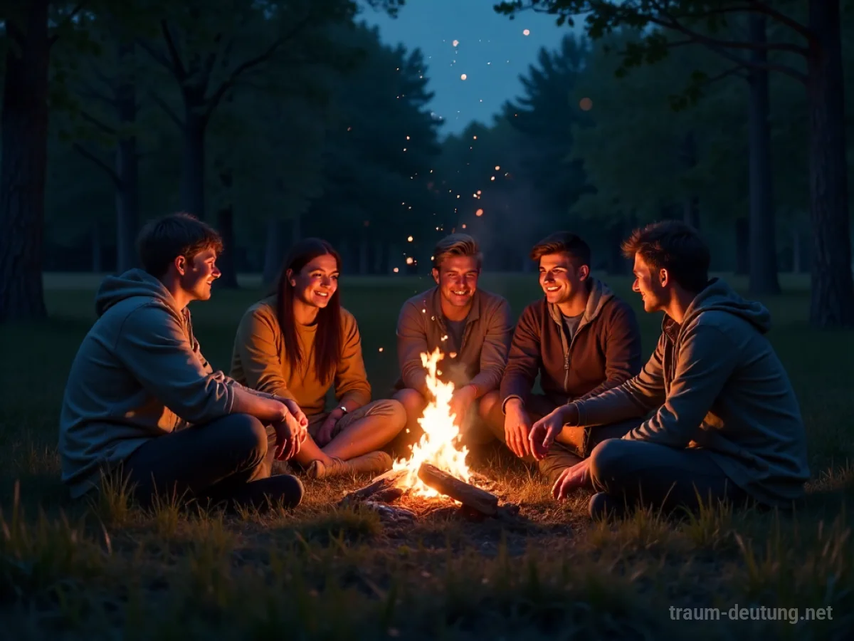 Freunde campen gemeinsam am Lagerfeuer im Wald
