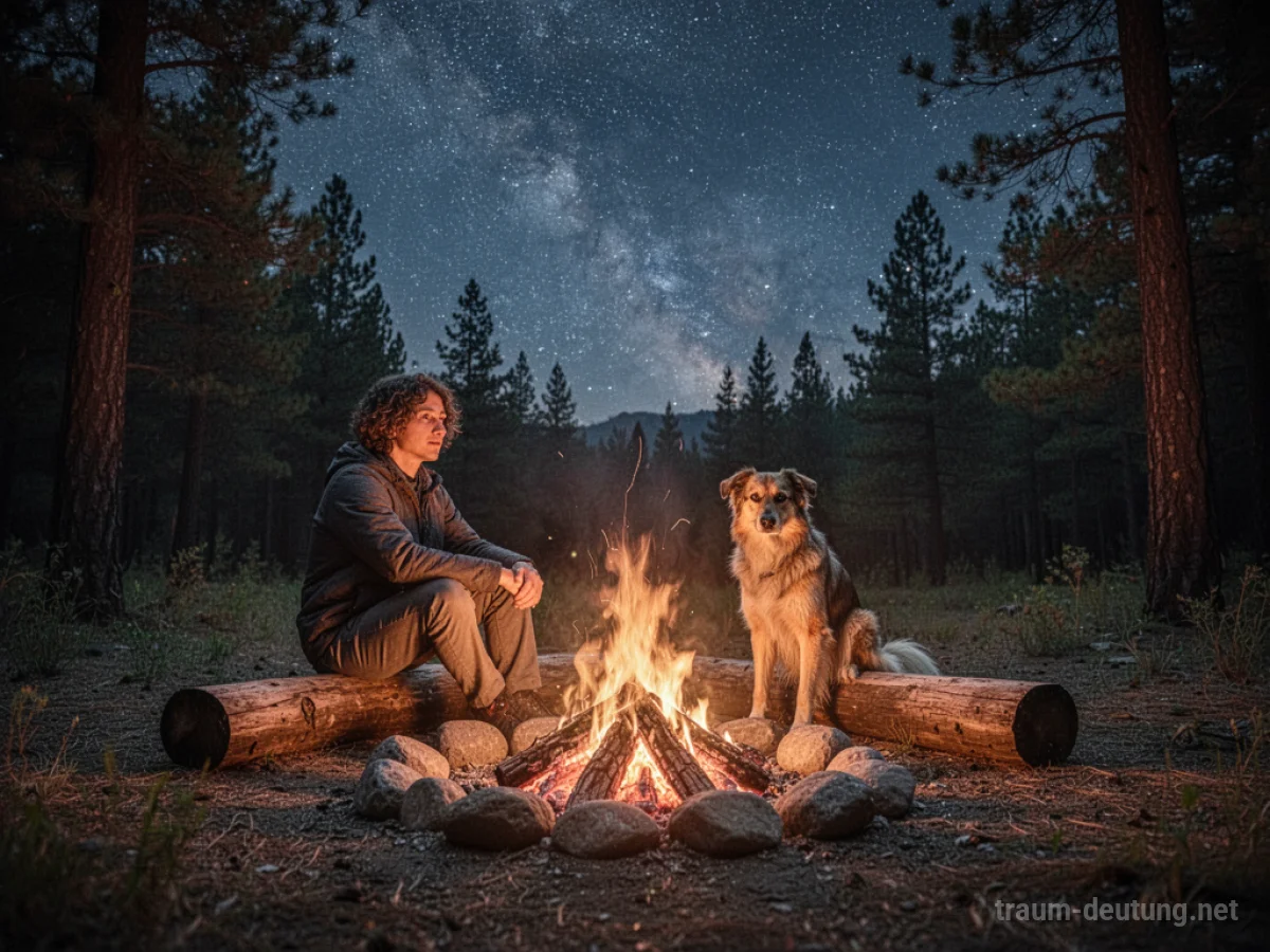 Camping mit Hund und Lagerfeuer unter Sternenhimmel