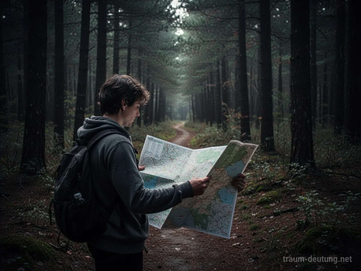 Person sucht Weg auf einer Karte im Wald
