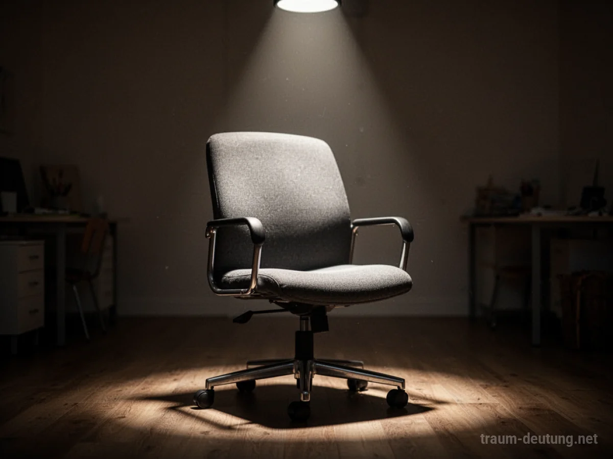 Ein leerer Bürostuhl im Scheinwerferlicht, die Umgebung ist dunkel.