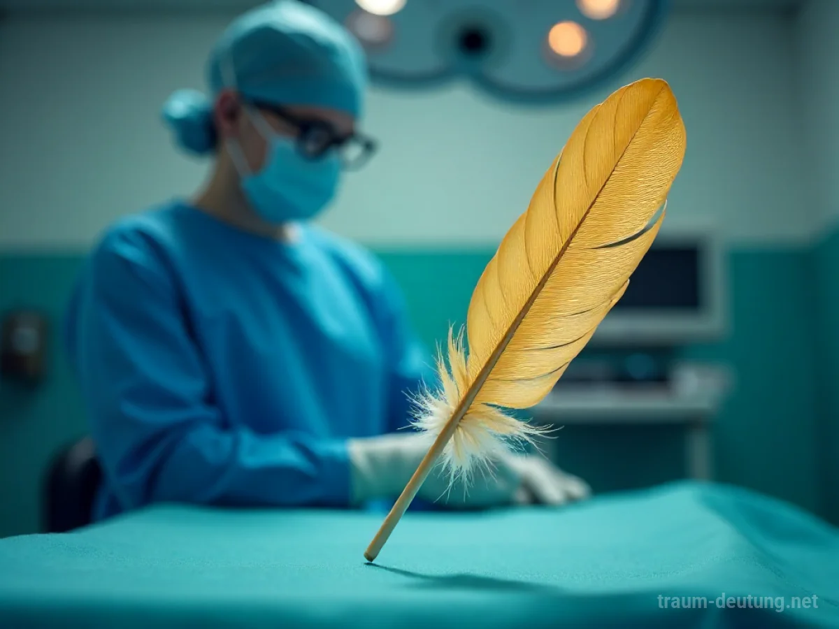Chirurg in einem OP-Raum, ein goldenes Feder schwebt davor.