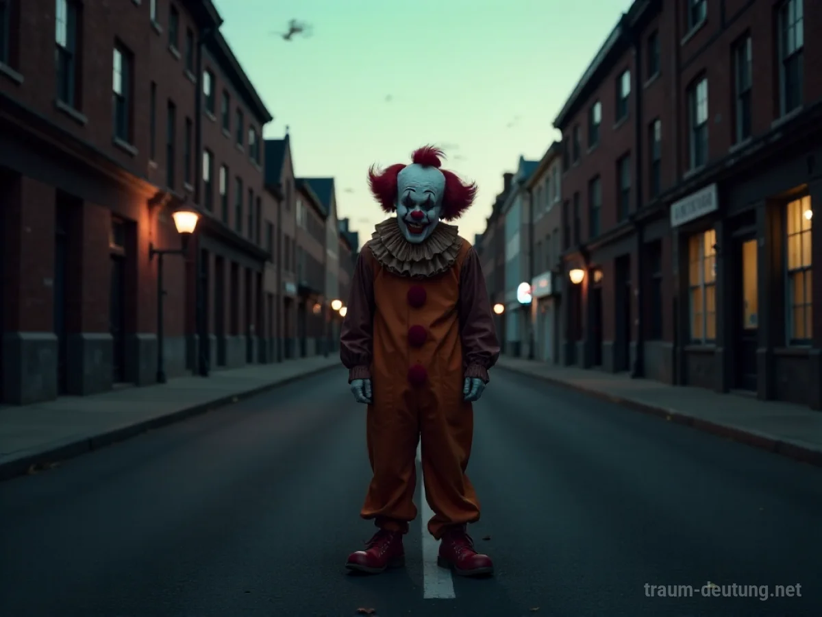 Clown steht allein auf einer leeren Straße im Dämmerlicht.