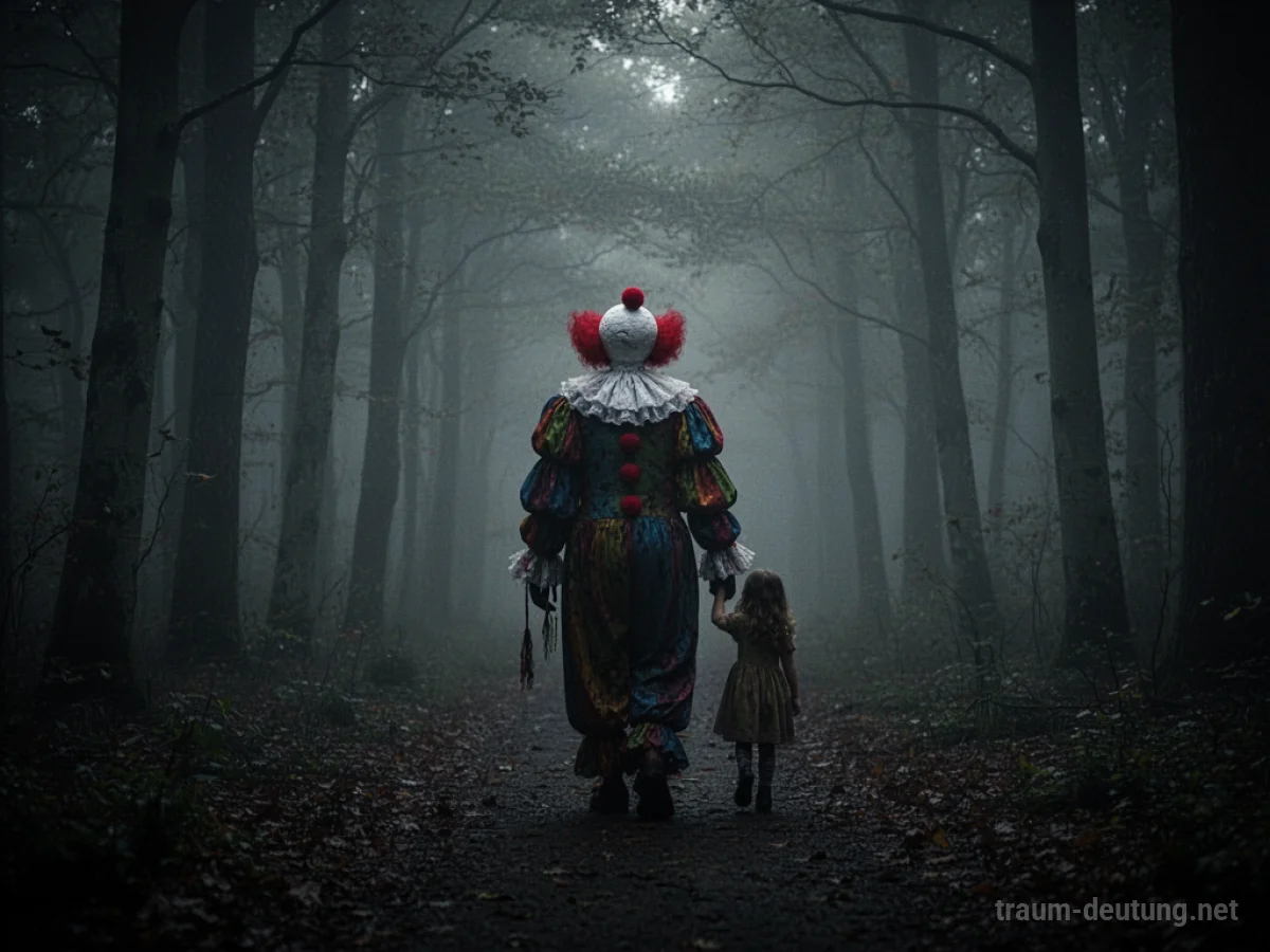 Ein unheimlicher Clown führt ein Kind weg in einen nebligen Wald.