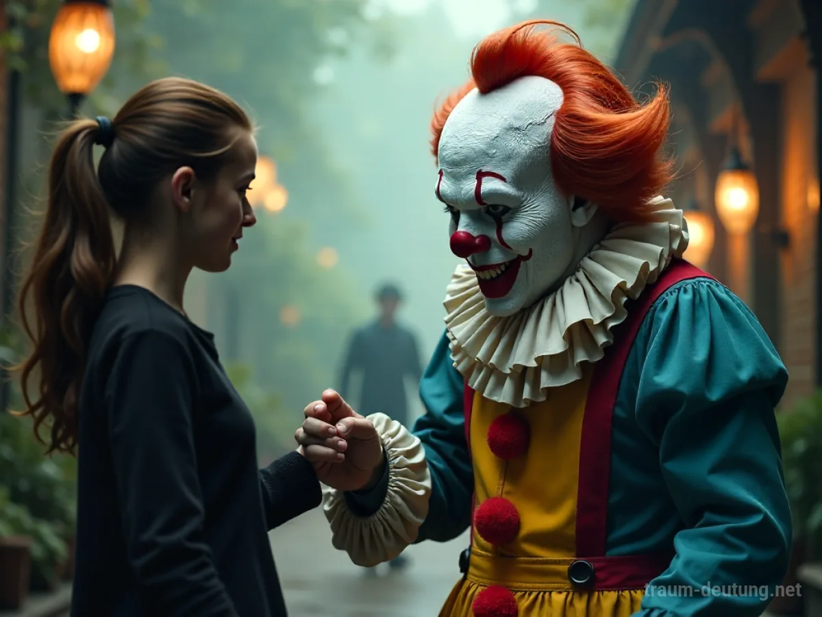 Ein freundlicher Clown reicht einer Person die Hand in einer verträumten Umgebung.