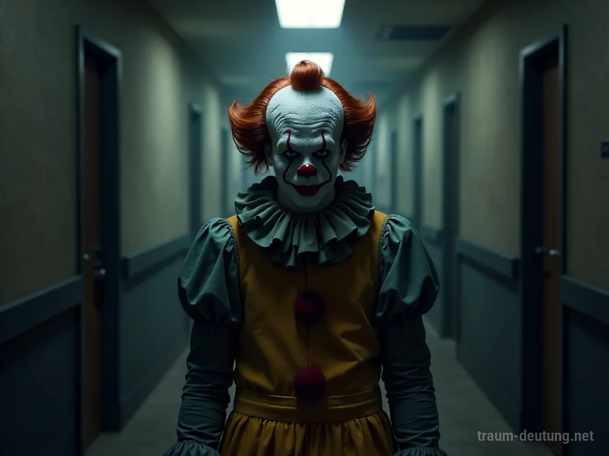 Clown ohne Maske steht in einem schwach beleuchteten Raum