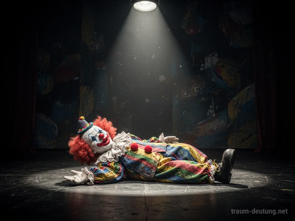 Ein still liegender Clown auf einer dunklen Bühne, beleuchtet von einem Scheinwerfer.