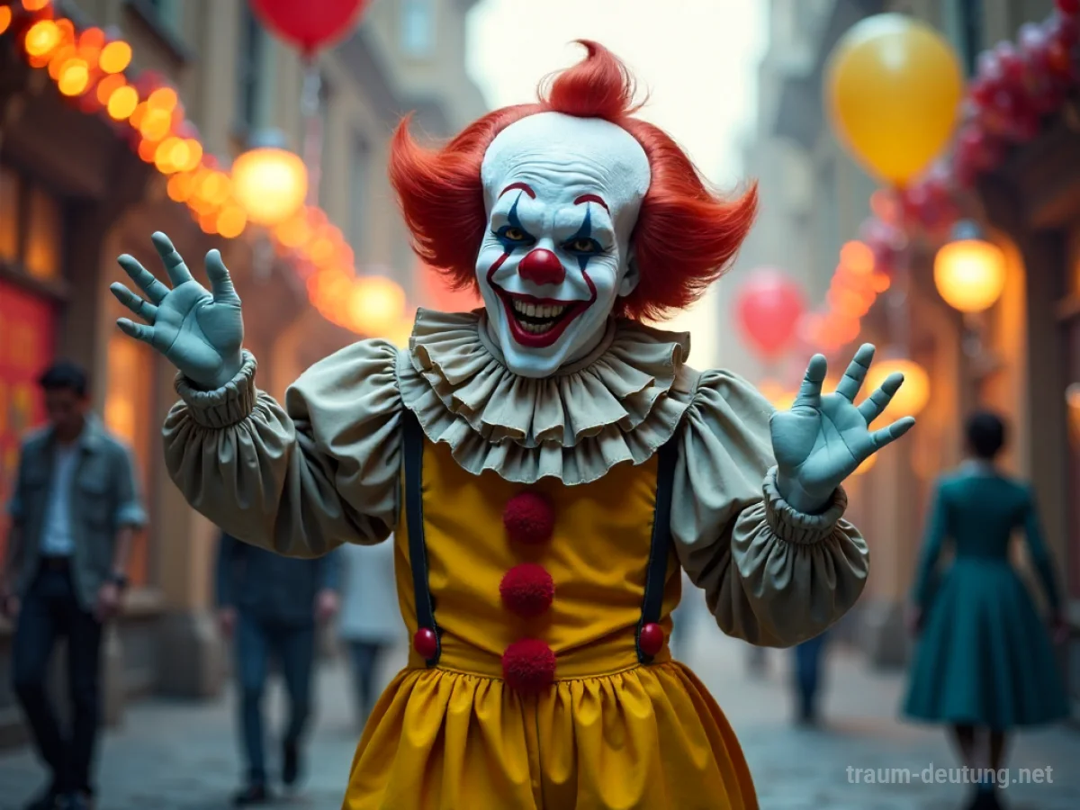 Ein fröhlich tanzender Clown in einer traumhaften Umgebung
