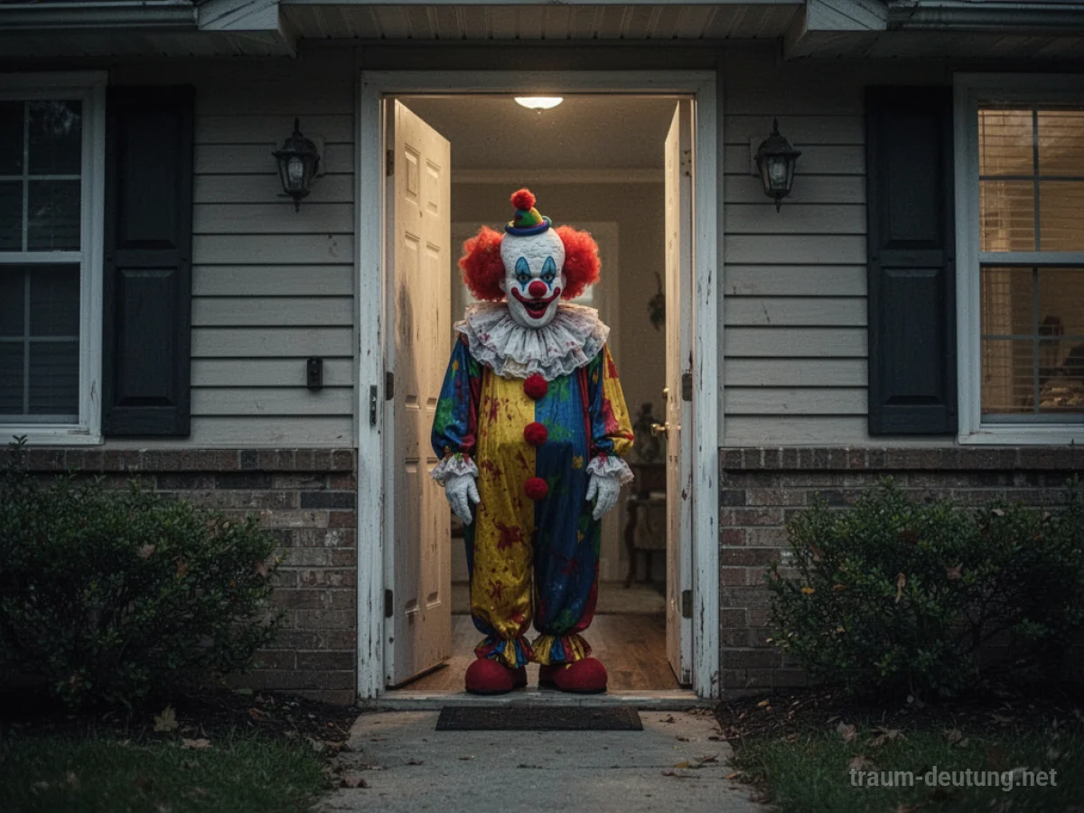 Clown steht in der Tür eines Hauses und blickt hinein.