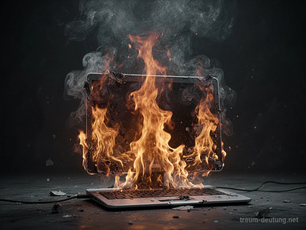 Computer steht in Flammen in einem dunklen Raum