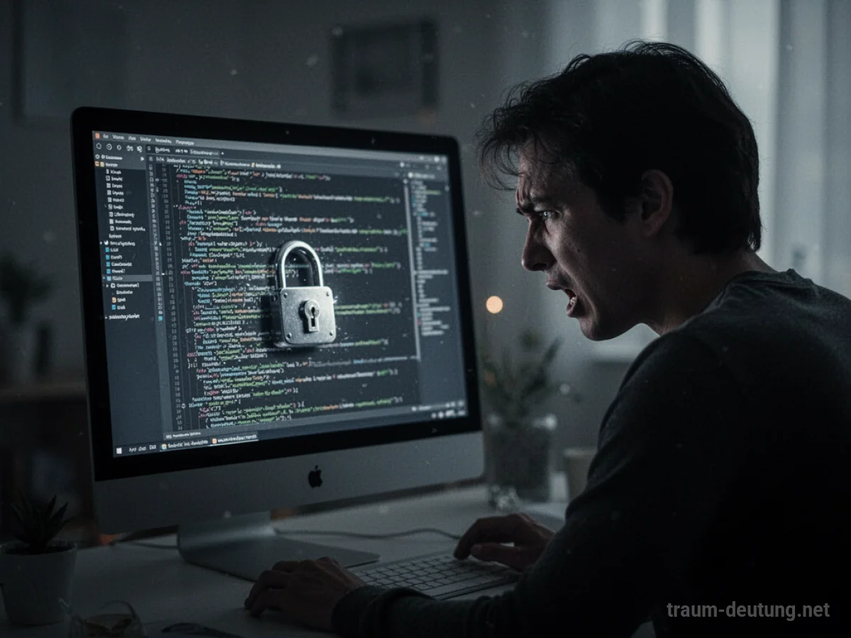 Verzweifelte Person vor gesperrtem Computerbildschirm im Traum